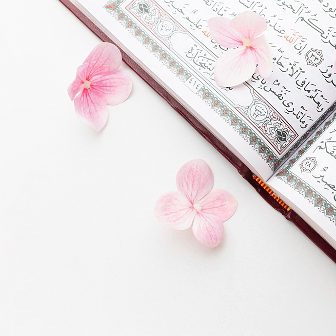 عکس با کیفیت قرآن در کنار شکوفه‌های بهاری
